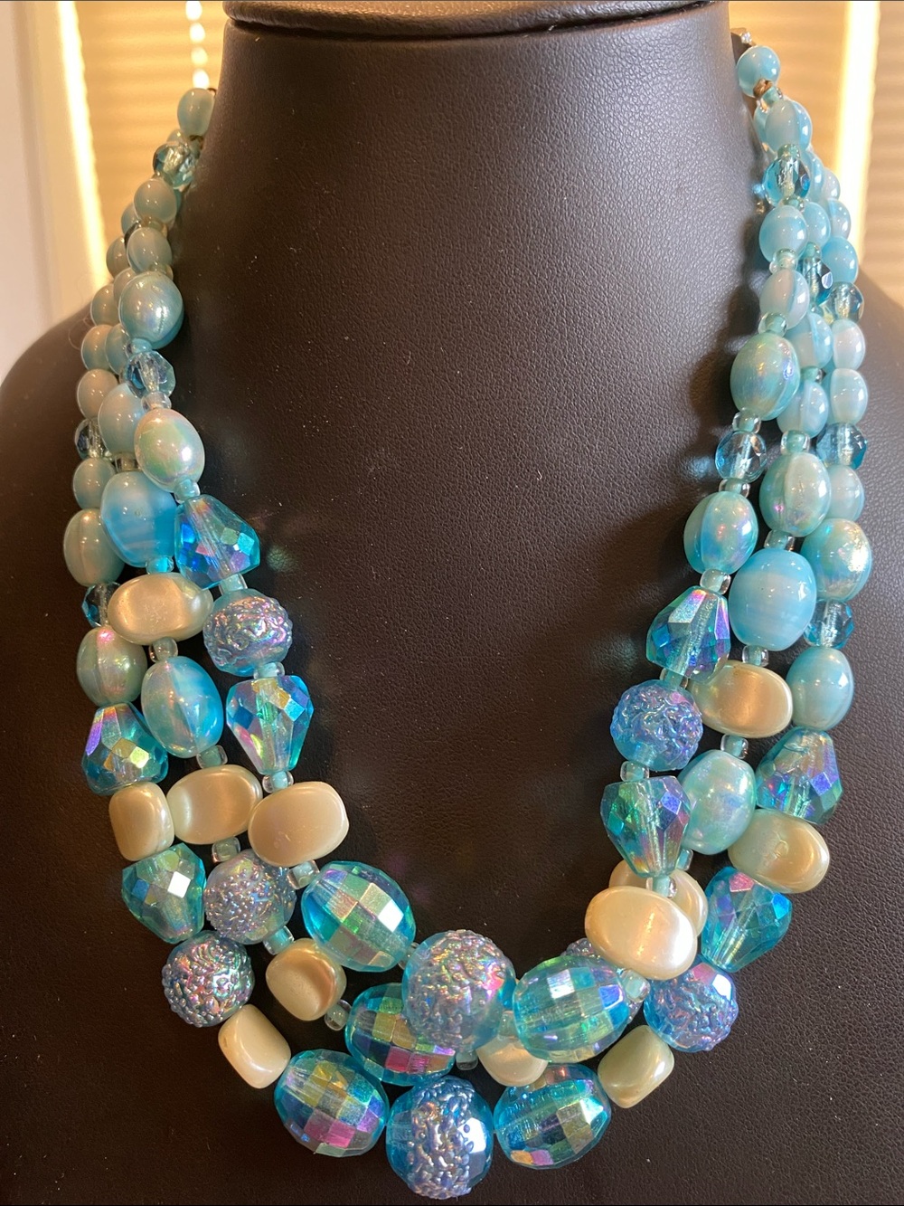Western Germany Aqua & Cream AB Crystal Multi-Strand Statement Necklace